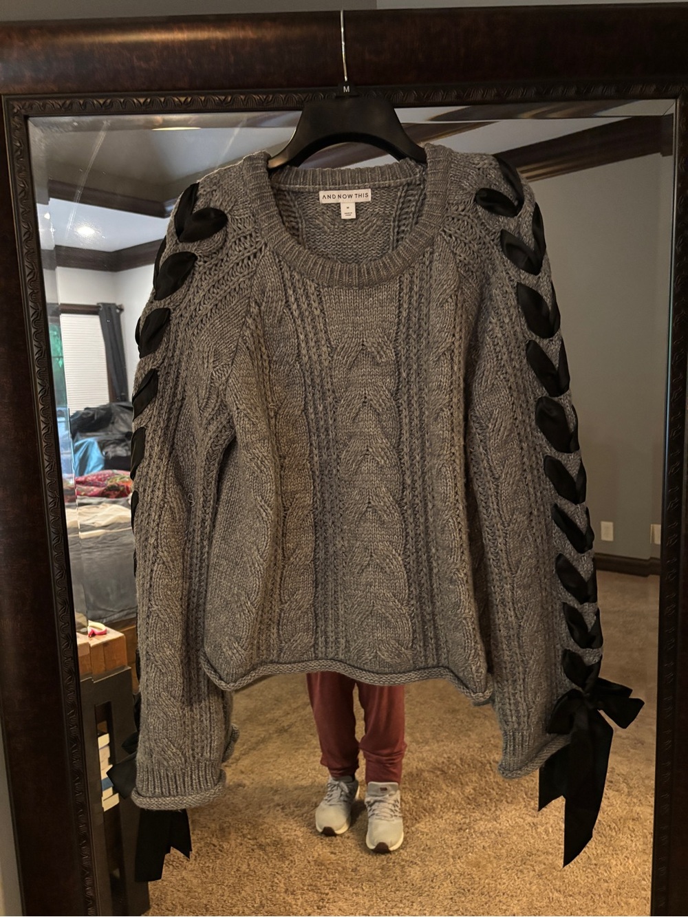 Gray Cable Knit Sweater with Ribbon Detail